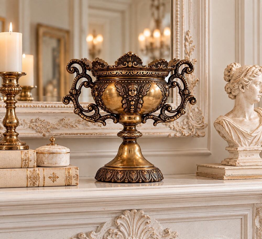 Vintage Cast Brass Cherub Pedestal Jardiniere Urn Baroque Rococo Centerpiece 9"